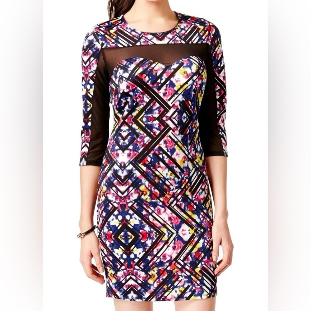 Material Girl Illusion Sheath Dress Junior Women’s‎ XL Artsy Stretch Mesh Sleeve
